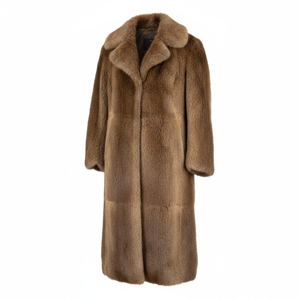 Vintage 1960s Brown Fur Coat Long Minimalist Real Fur Size L XL Luxury Womens - Picture 2 of 16